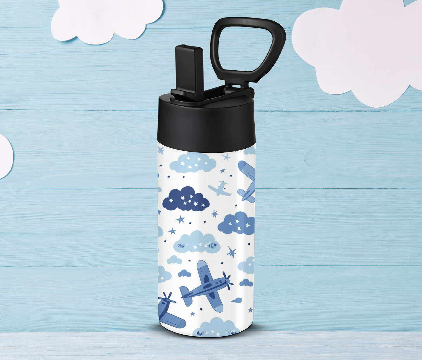 Kids Blue Airplane & Clouds 12oz Tumbler