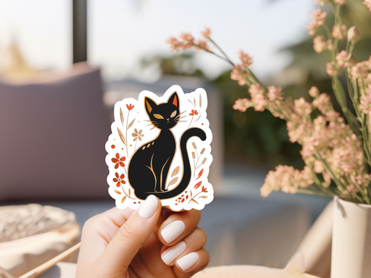 Black Cat W/Orange Flowers Sticker