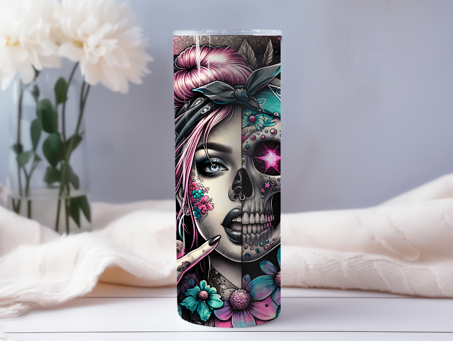 Half Girl Half Skeleton Face With Roses 20oz Tumbler