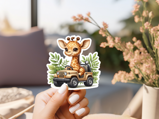 Cute Giraffe In Jeep Sticker