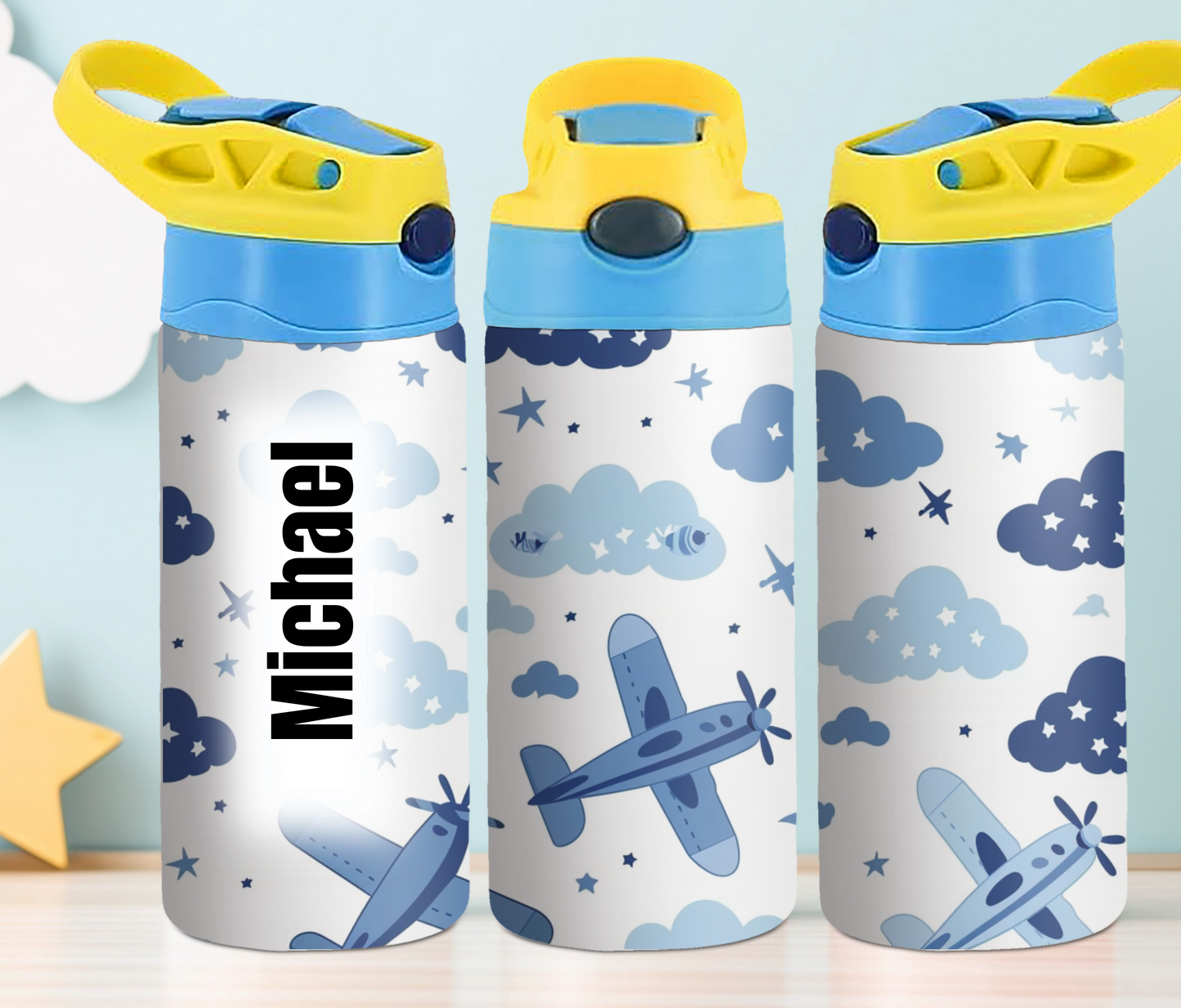 Kids Blue Airplane & Clouds 12oz Tumbler