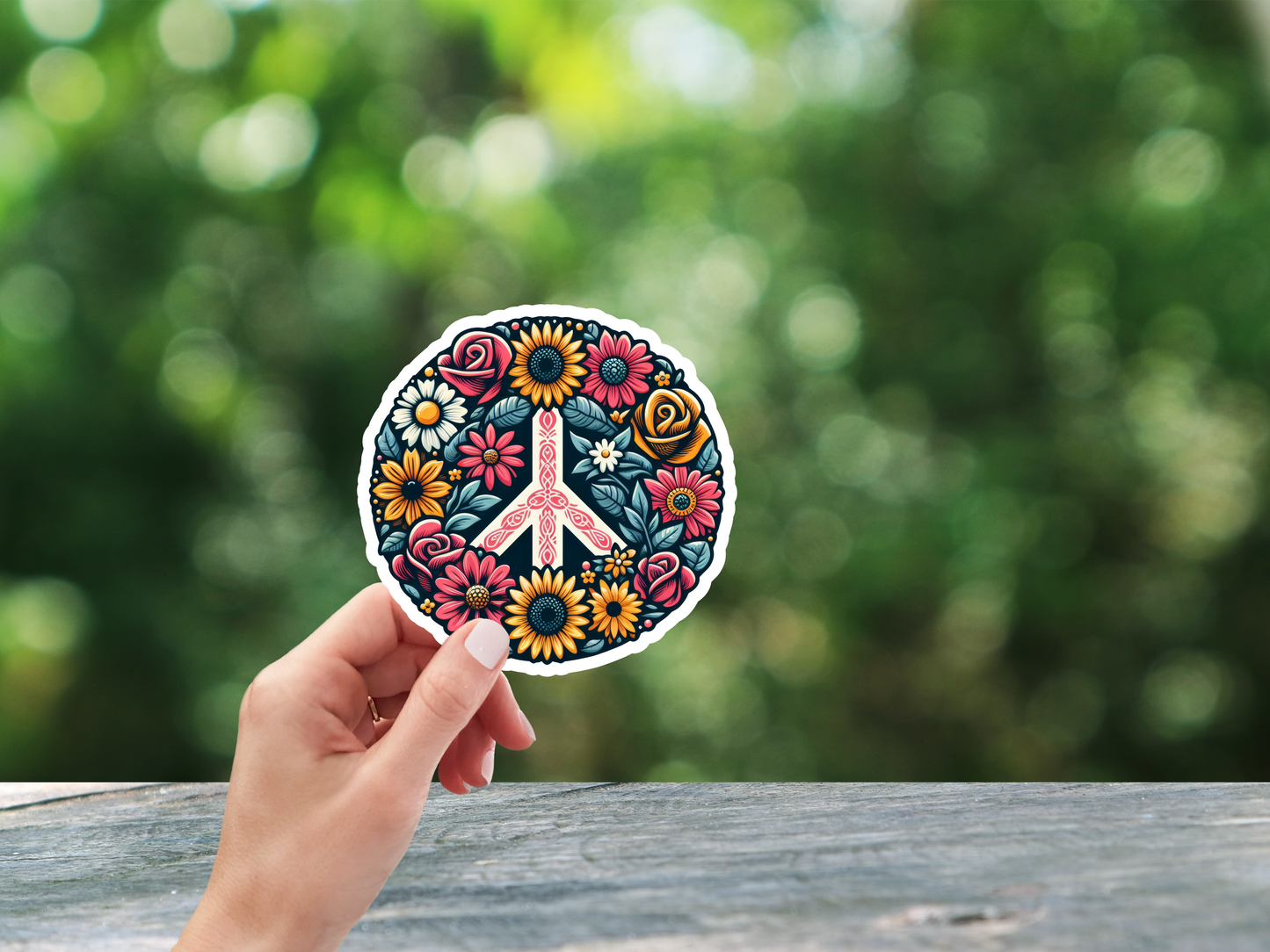 Round Peace Sign W/Flowers Sticker