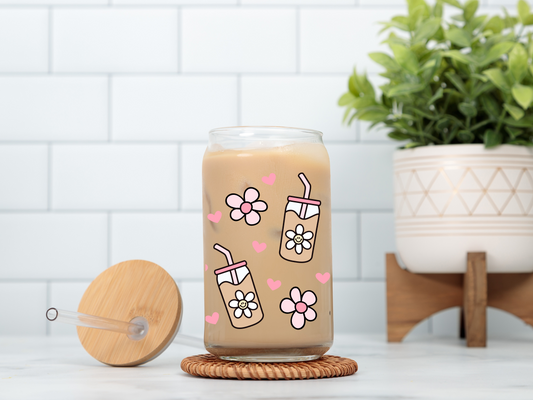 Iced Coffee w/Daisies 16oz Glass Cup