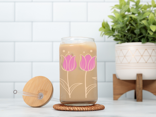 Pink Tulips 16oz Glass Cup