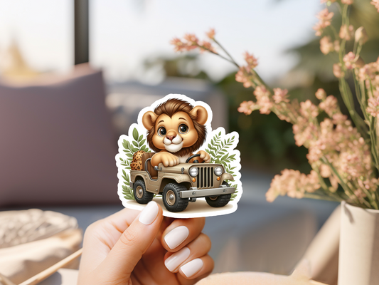 Cute Lion In Jeep Sticker