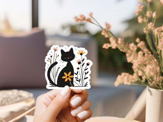 Black Cat & Yellow Flowers Sticker