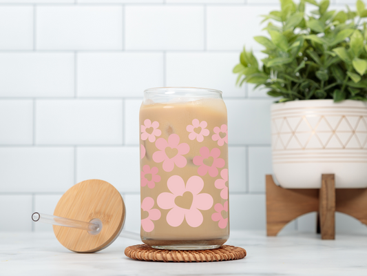 Pink Flowers w/Heart Centers 16oz Glass Cup