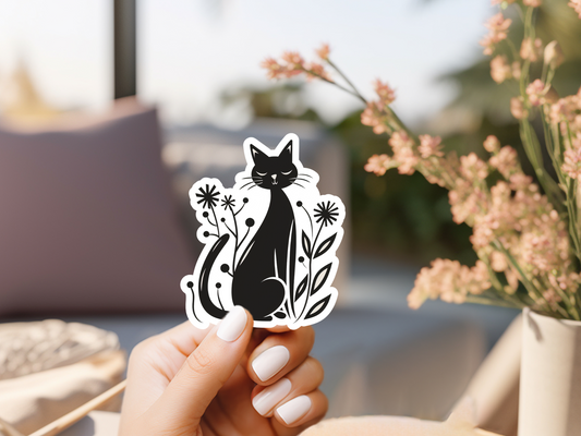 Black Cat And Flowers Sticker