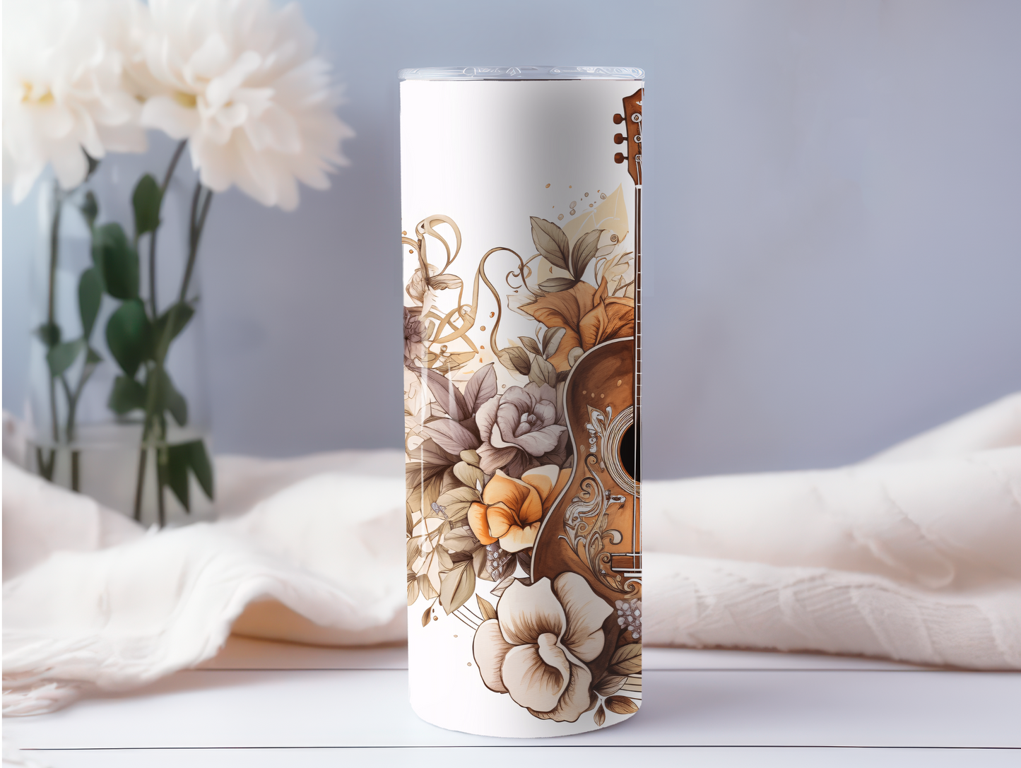 Acoustic Guitar with Boho Flowers 20oz Tumbler