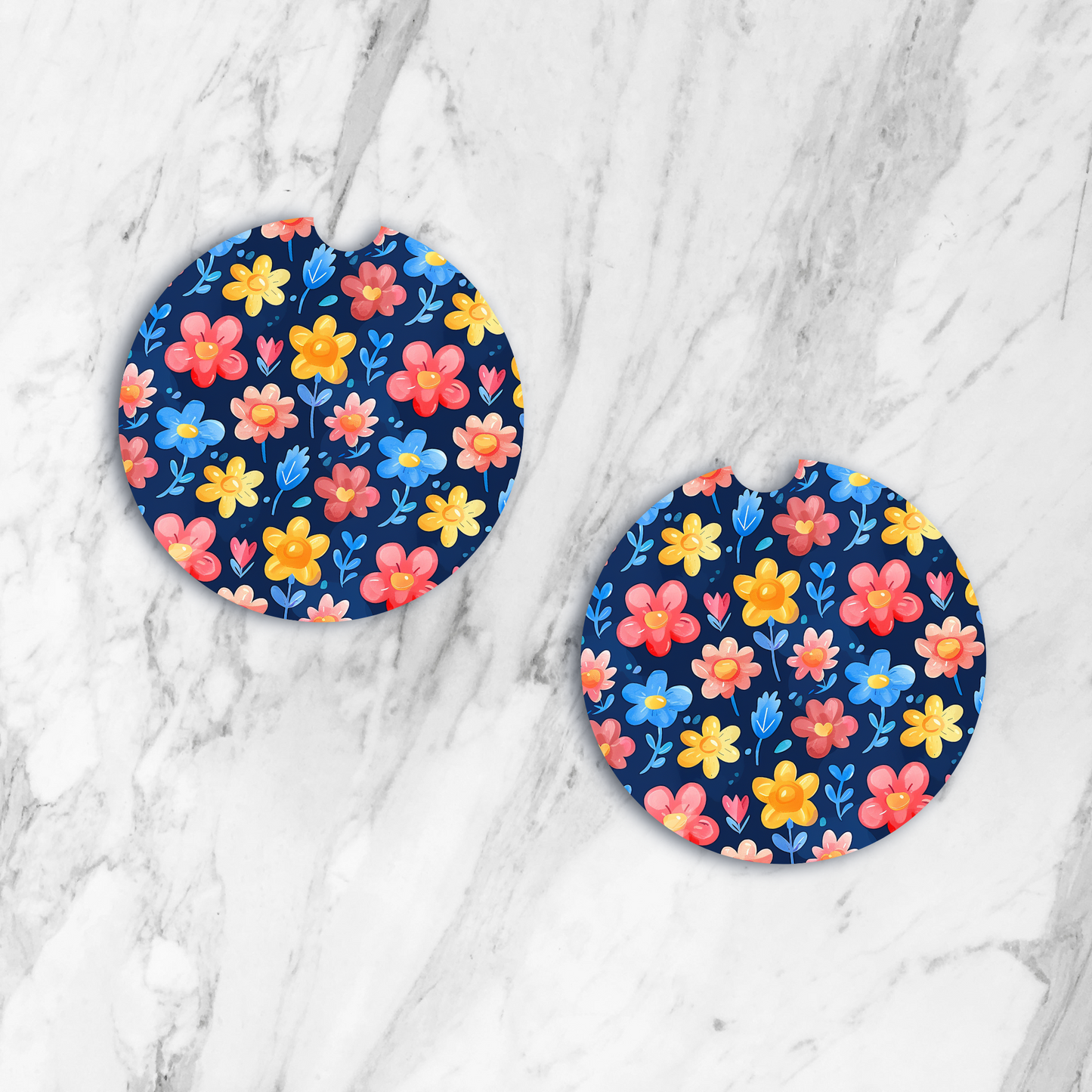 Red/Blue/Yellow Flowers with Navy Background Car Coaster