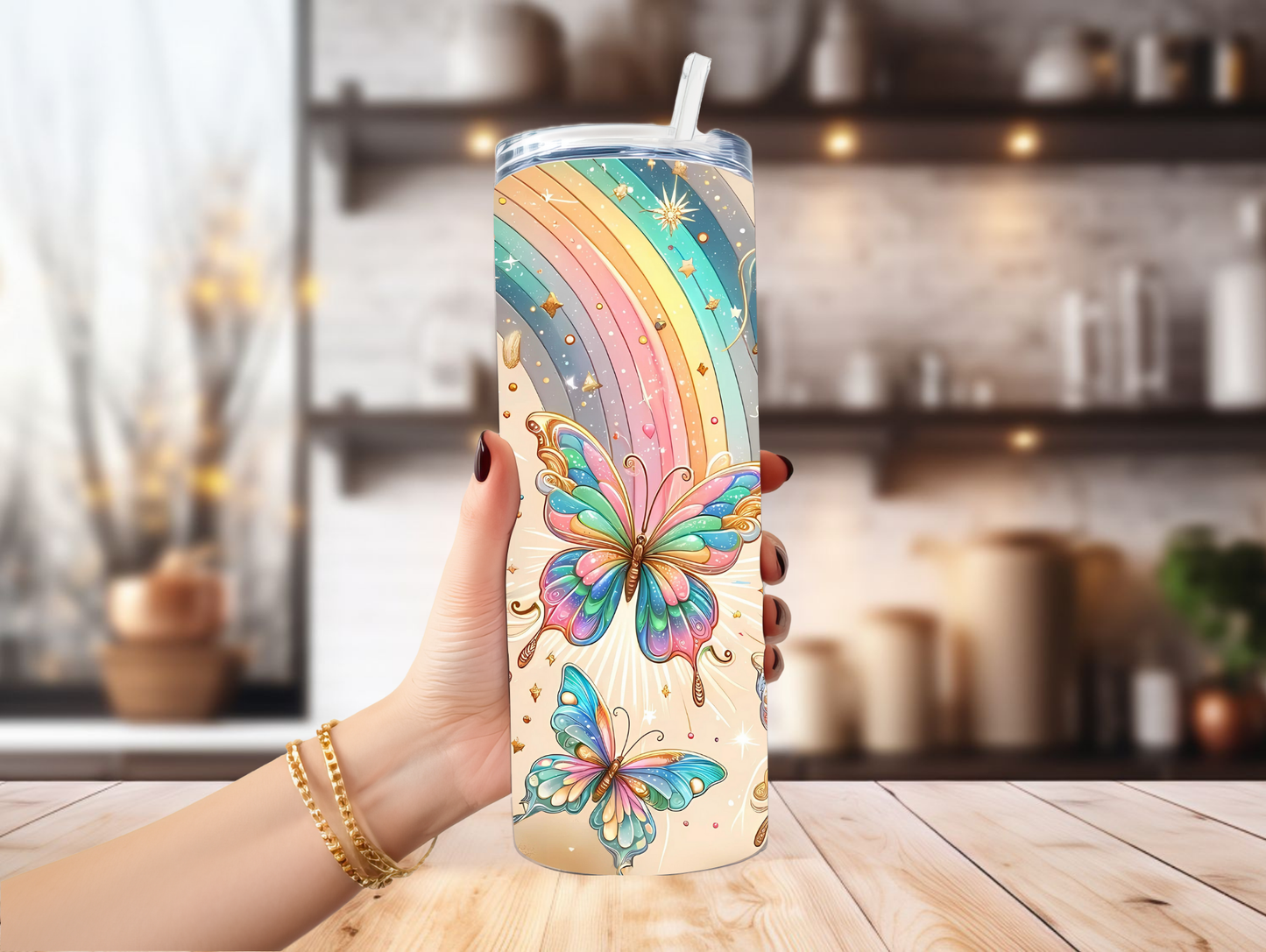 Pastel Rainbow Butterfly 20oz Tumbler