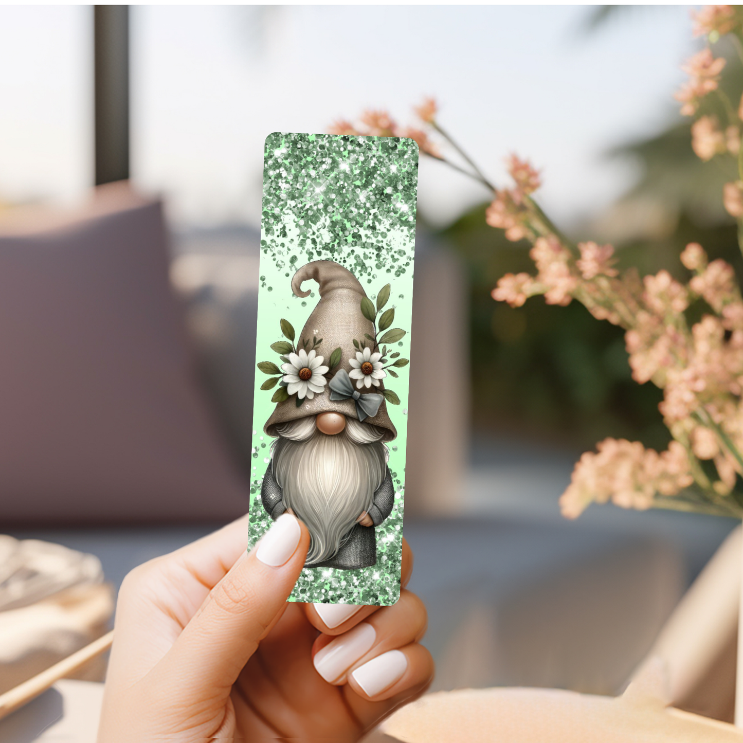 Green Glitter Gnome & Daisies Bookmark