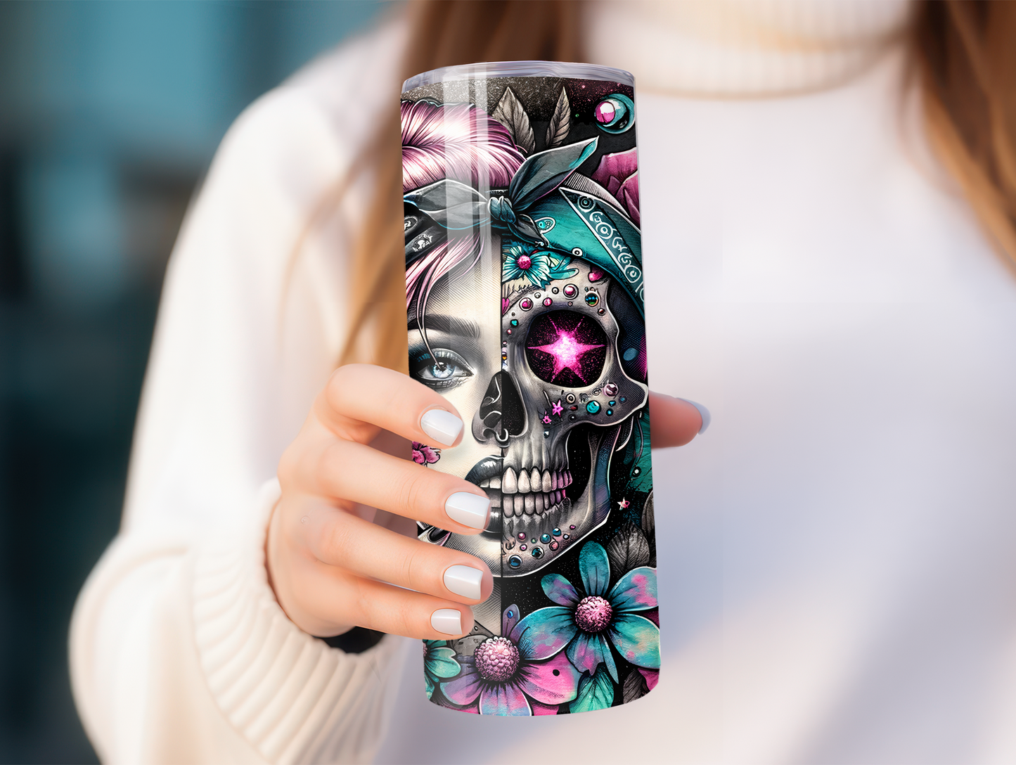 Half Girl Half Skeleton Face With Roses 20oz Tumbler