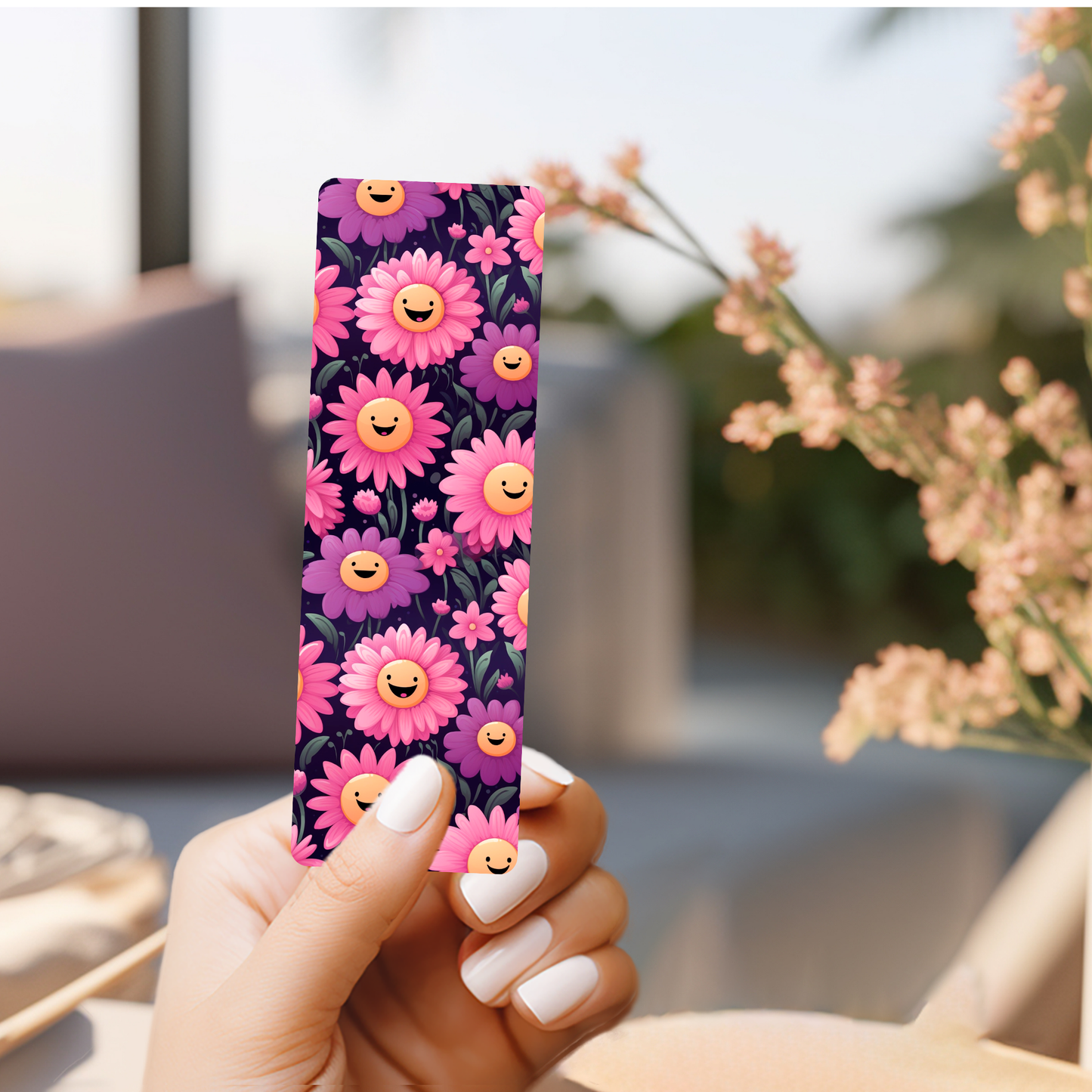 Purple & Pink Smiley Face Flowers Bookmark