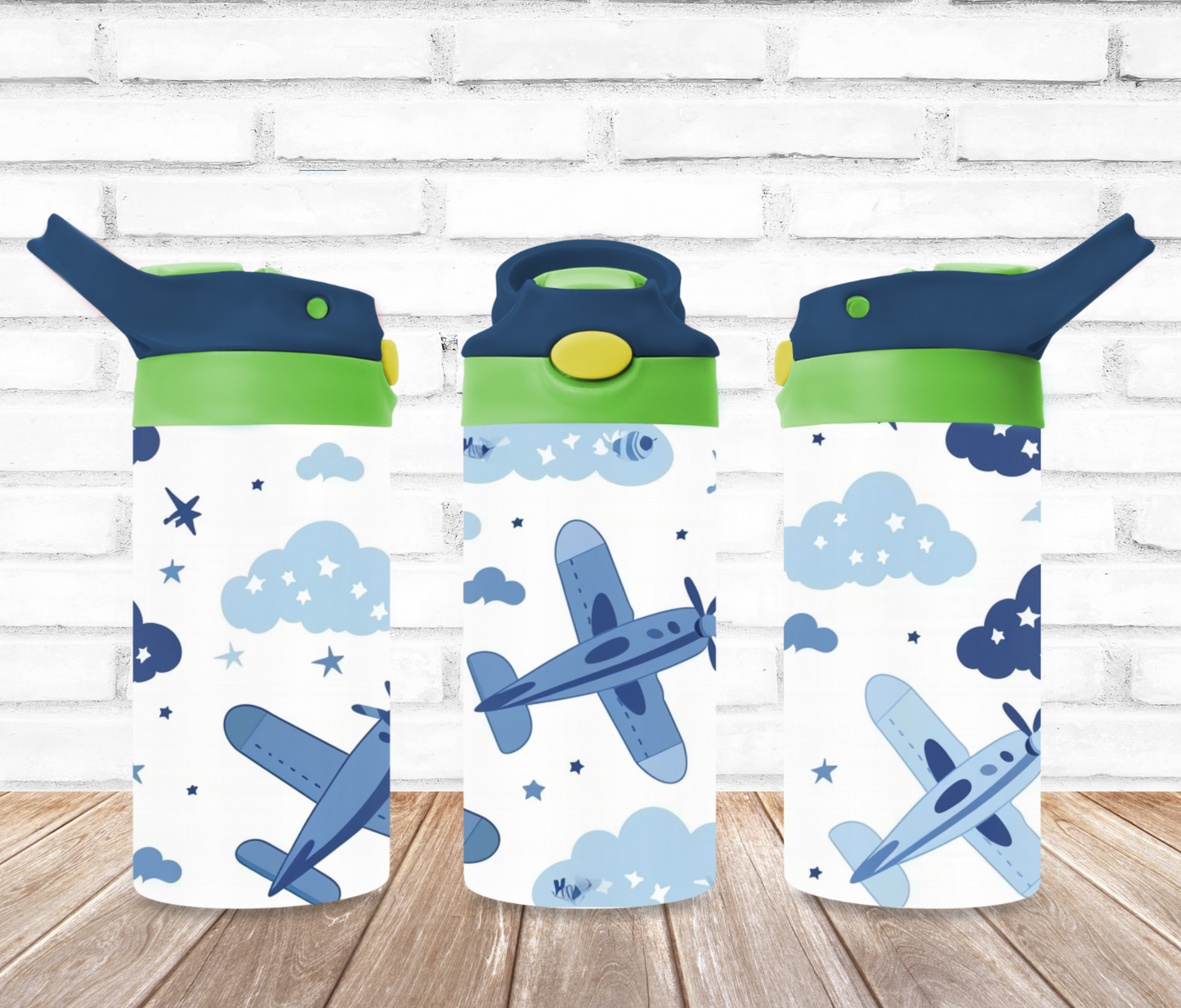 Kids Blue Airplane & Clouds 12oz Tumbler