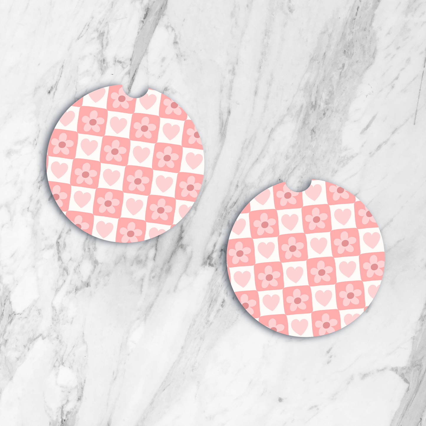 Pink/White Checkers with Hearts & Flowers Car Coaster