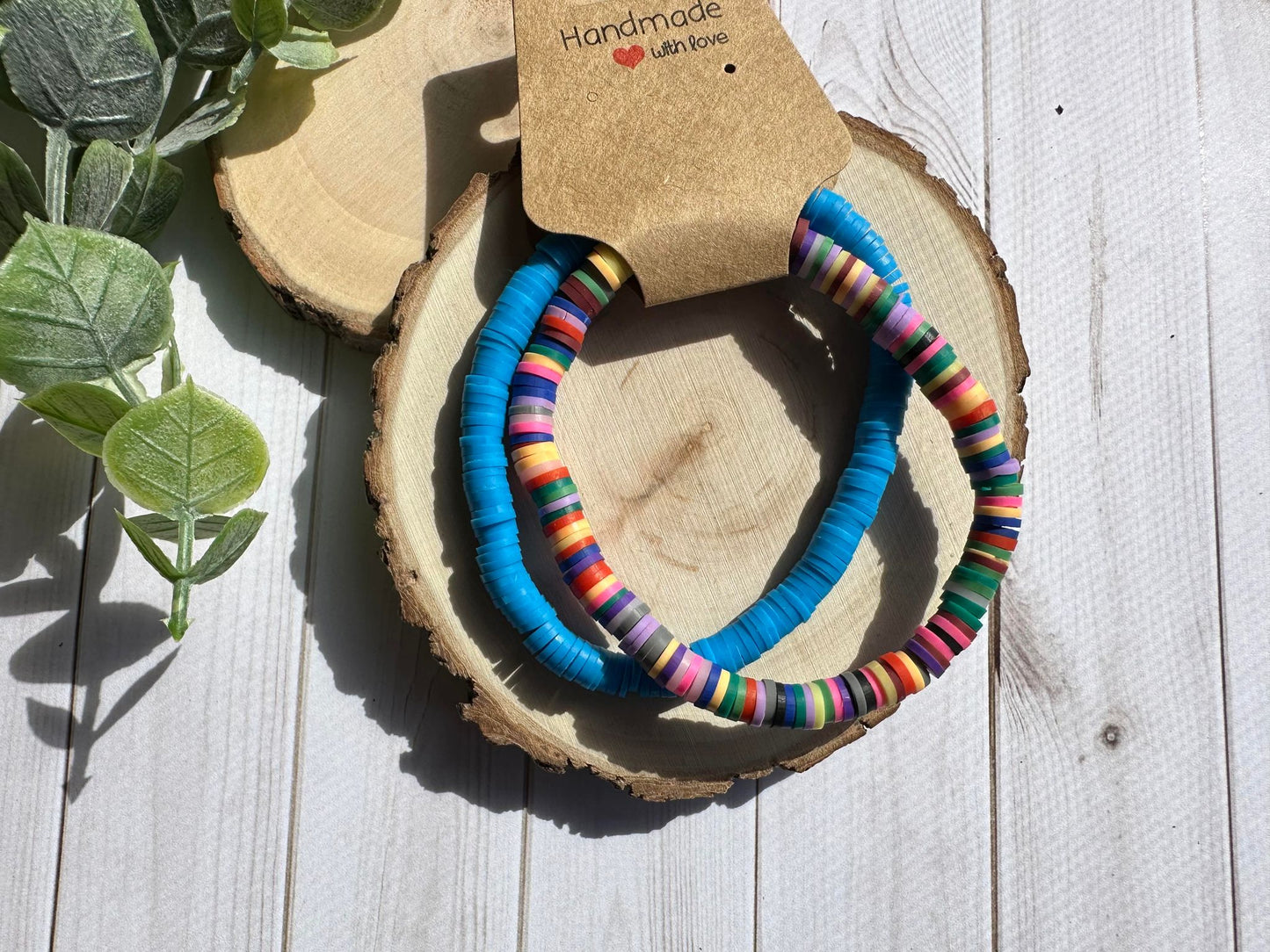 Blue & Rainbow Mix Heishi Bead Bracelet Set