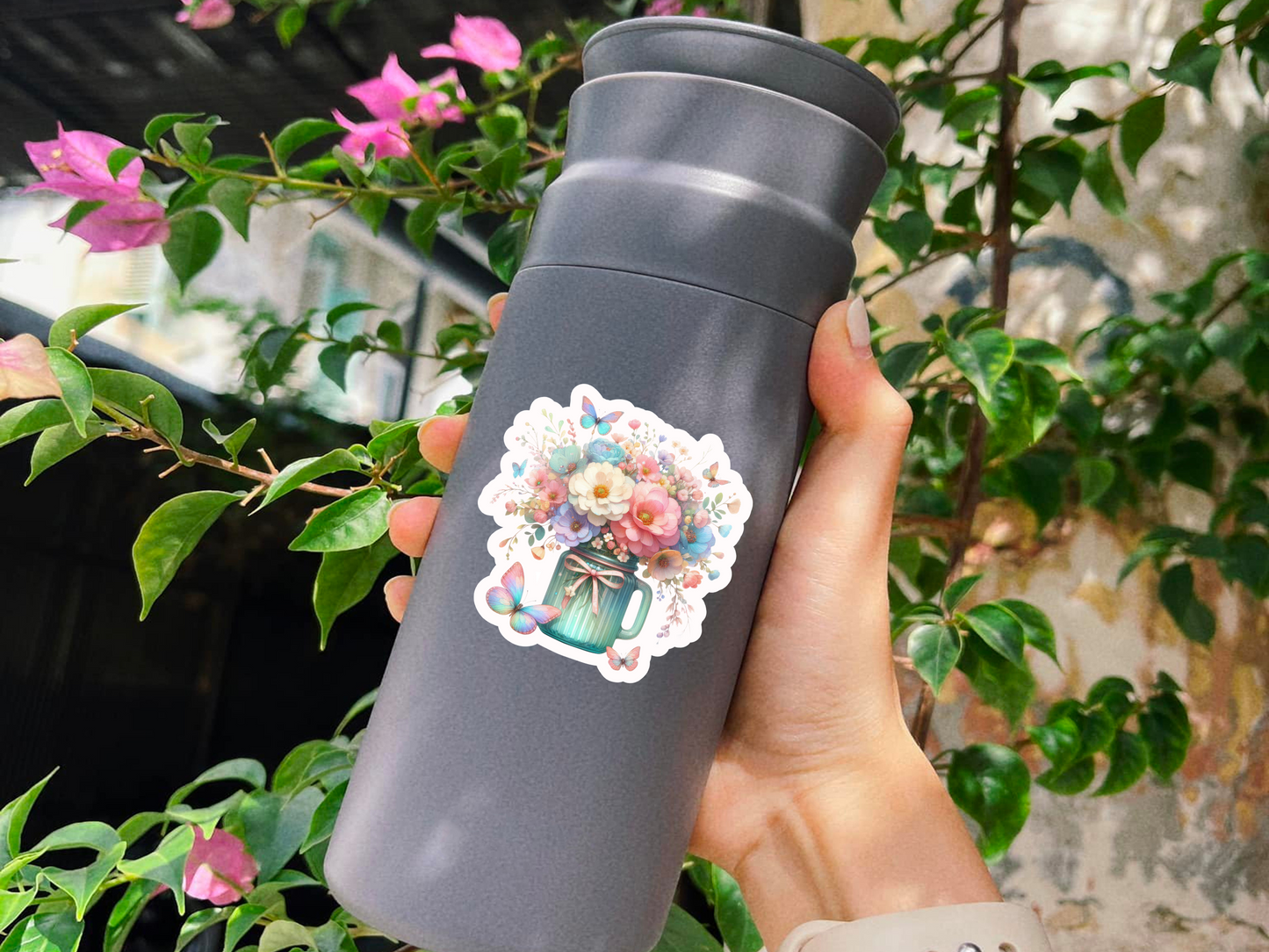 Glass Cup With Flowers & Butterflies Sticker