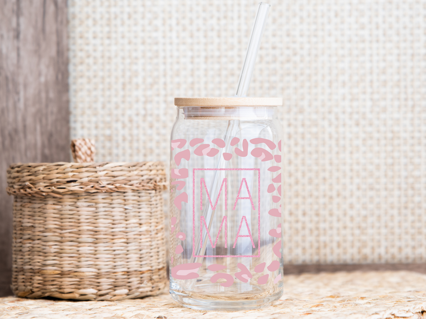 Ma Ma Pink Leopard 16oz Glass Cup