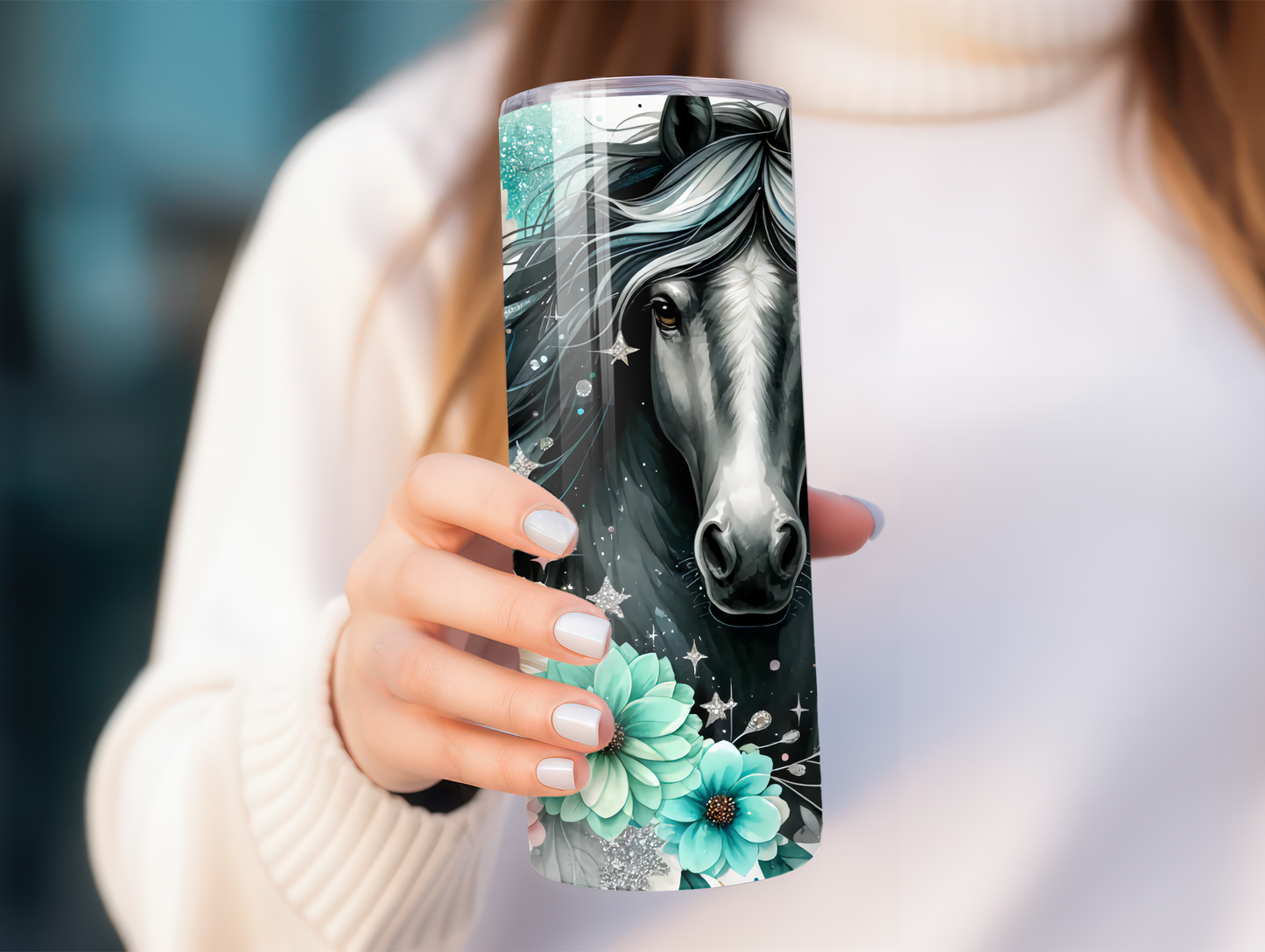 Black Horse With Teal Flowers 20oz Tumbler