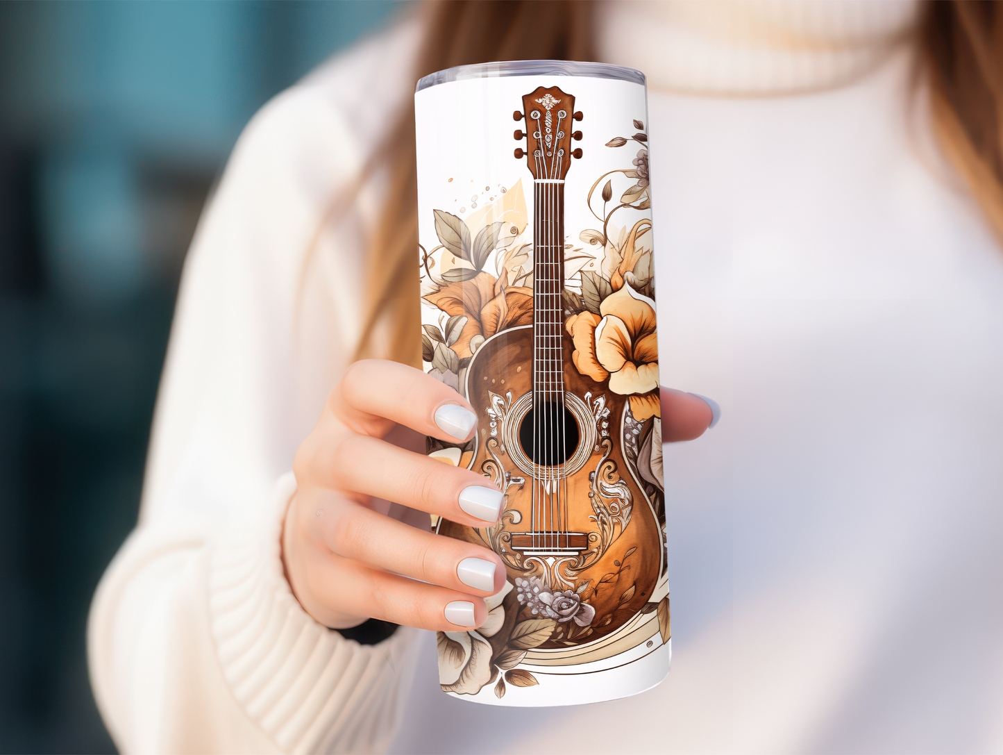 Acoustic Guitar with Boho Flowers 20oz Tumbler