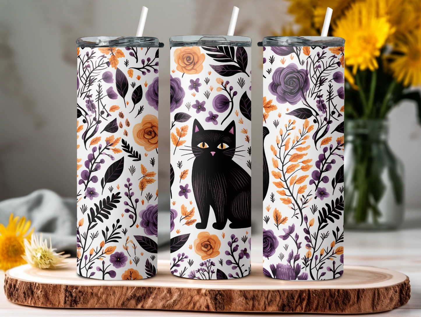 Black Cat & Flowers 20oz Tumbler