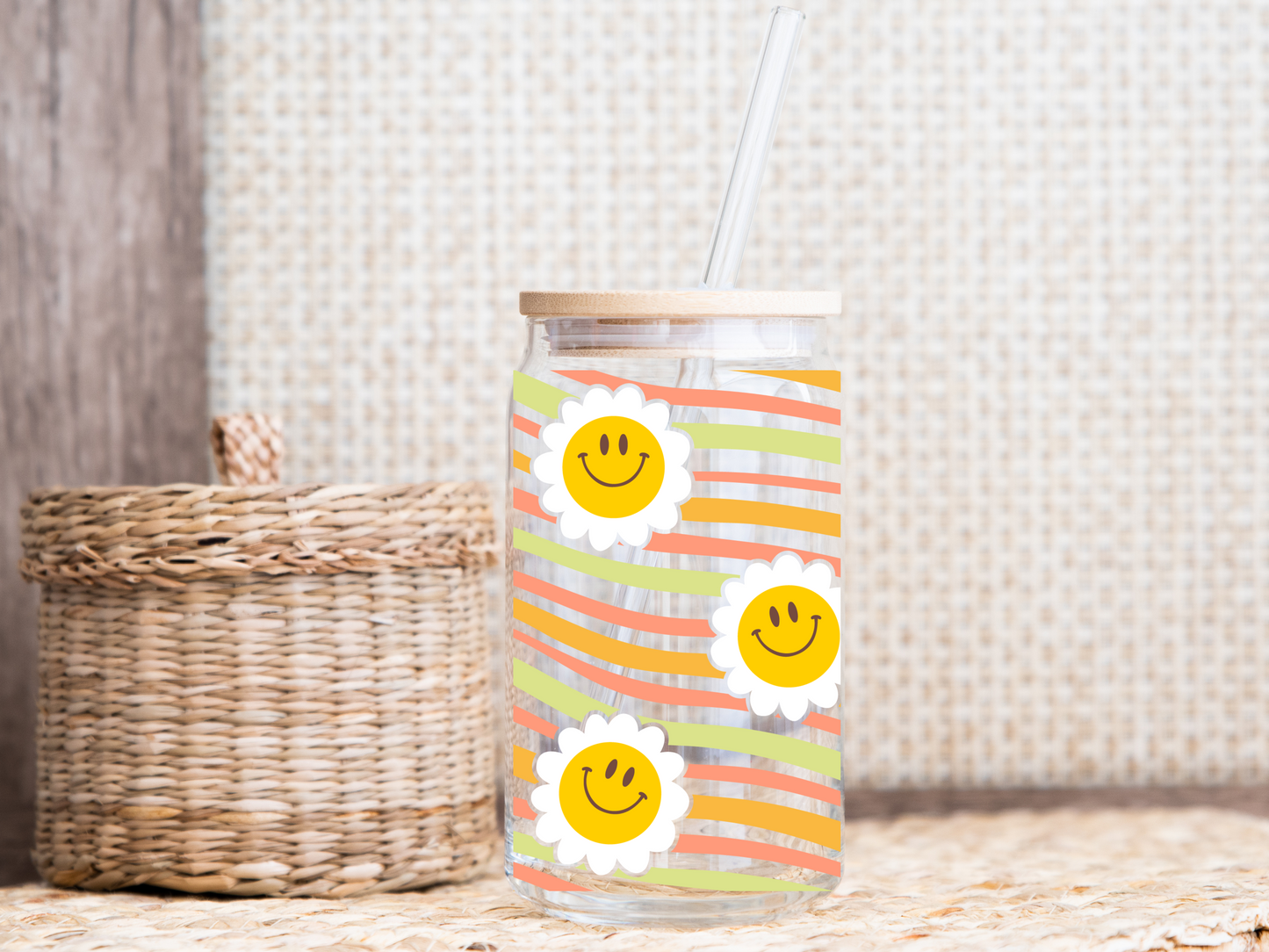 Retro Smiley Face Flower 16oz Glass Cup