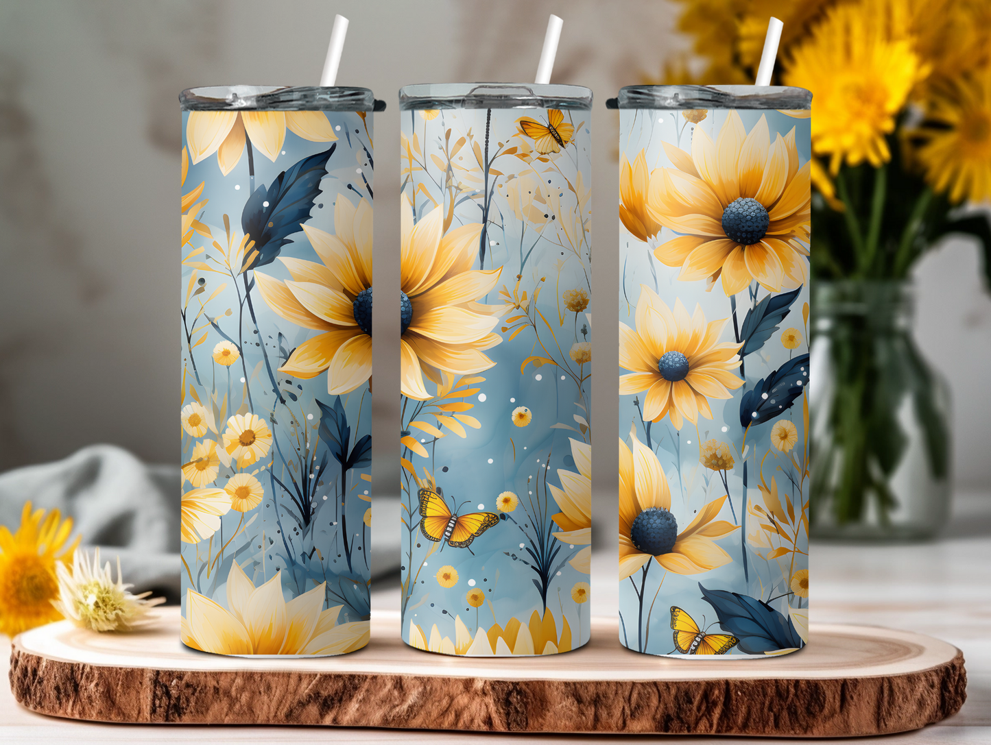 Navy & Yellow Flowers 20oz Tumbler