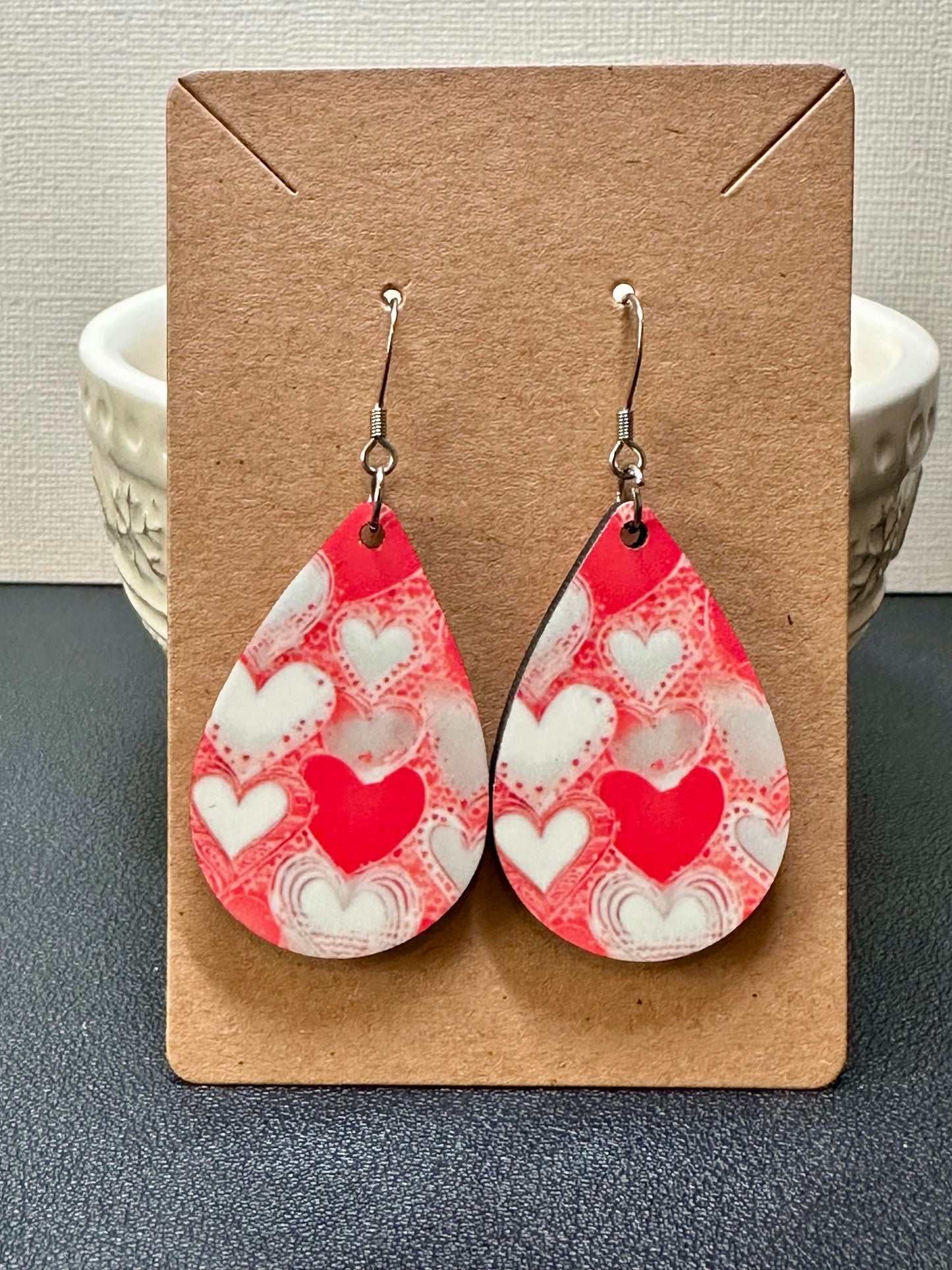 Red & White Heart Teardrop Earrings