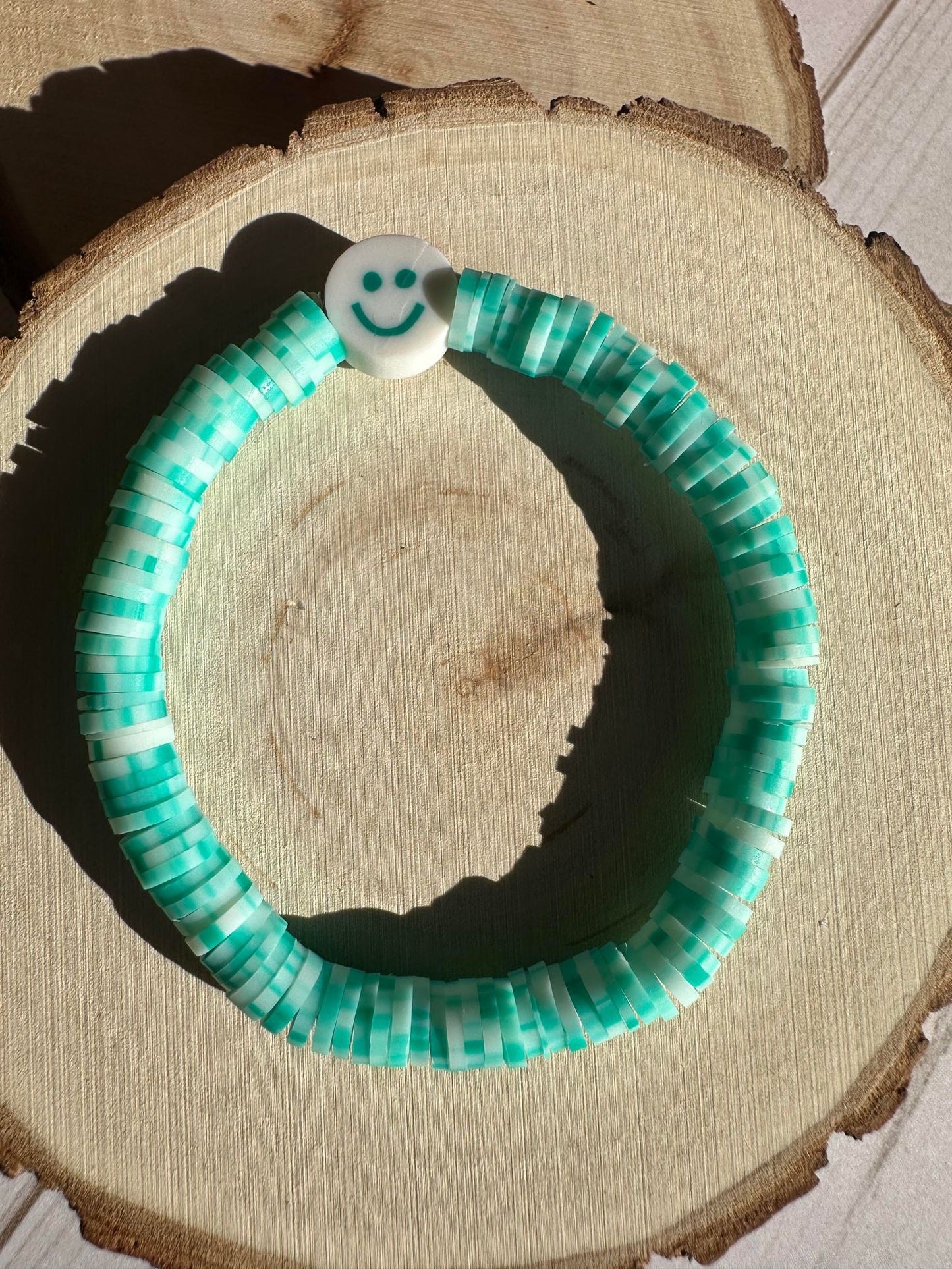 Teal/White Smiley Face Stretch Bracelet - Kids