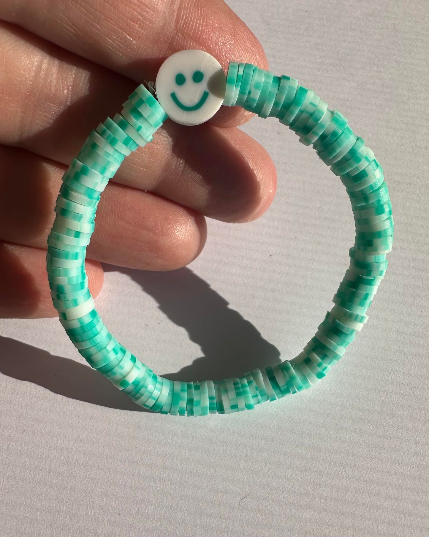 Teal/White Smiley Face Stretch Bracelet - Kids