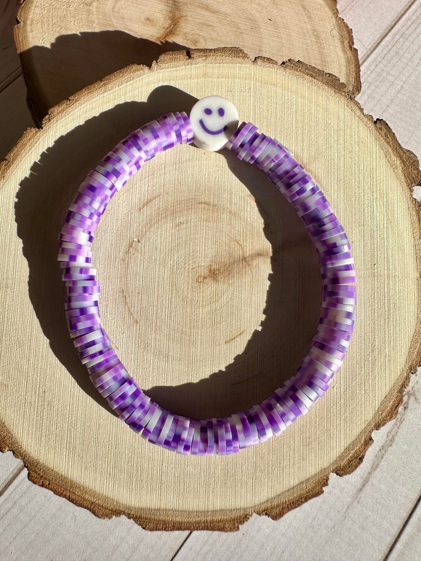 Purple/White Smiley Face Stretch Bracelet - Kids