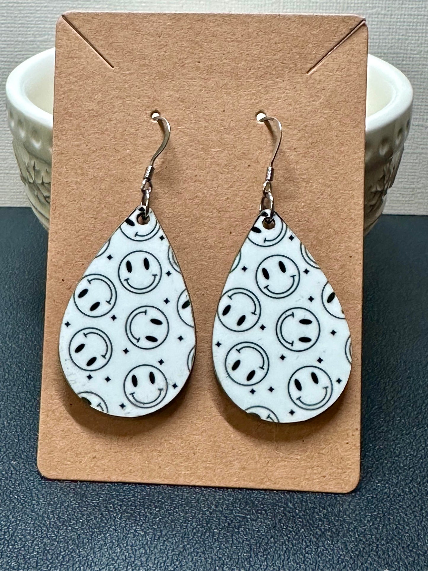 White & Black Smiley Face Teardrop Earrings