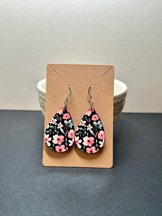 Black/Pink/White Flower Teardrop Earrings