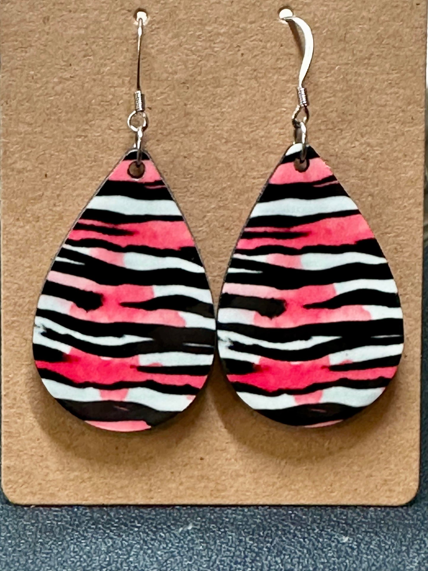 Pink/Black/White Zebra Teardrop Earrings