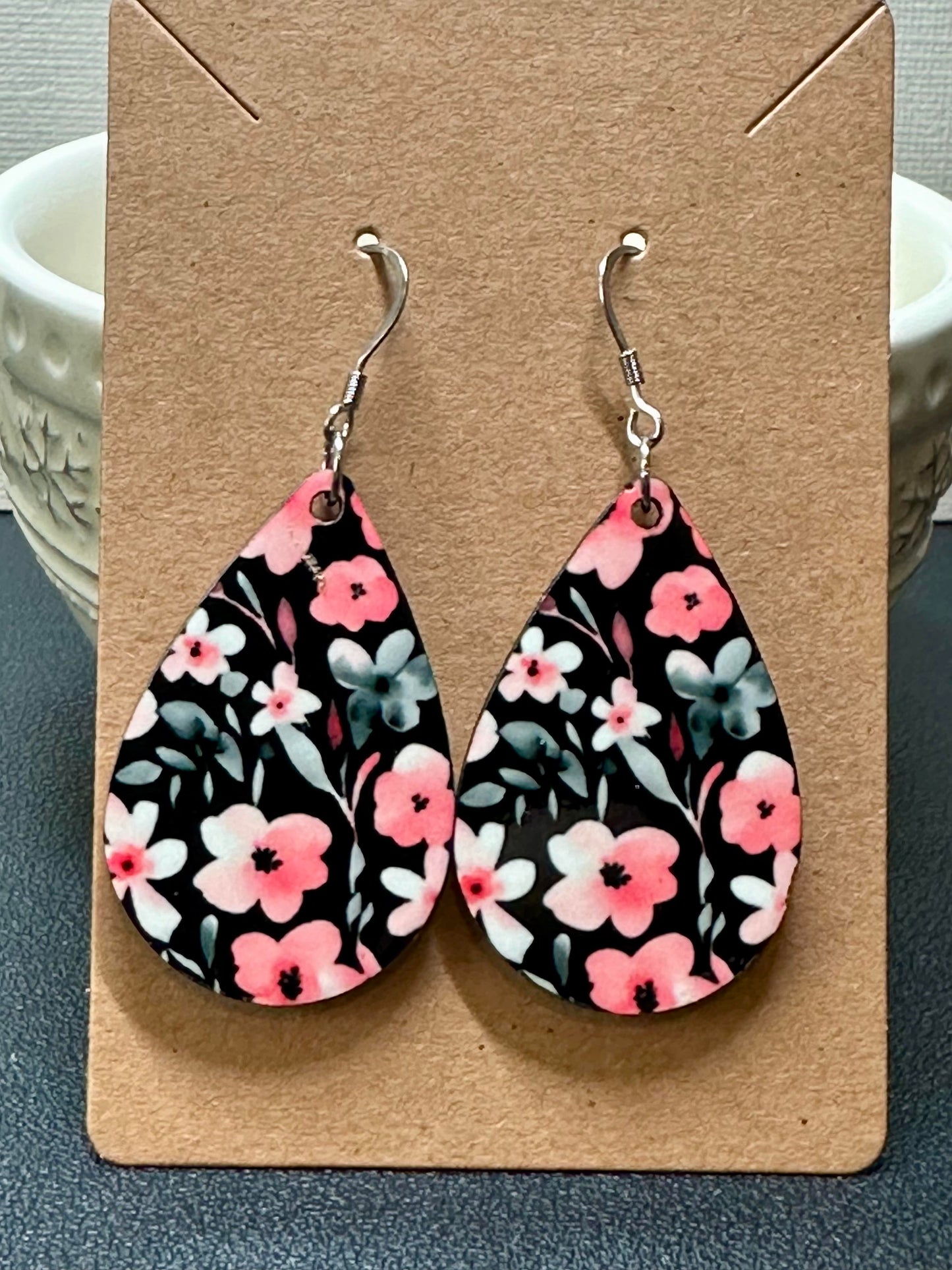 Black/Pink/White Flower Teardrop Earrings