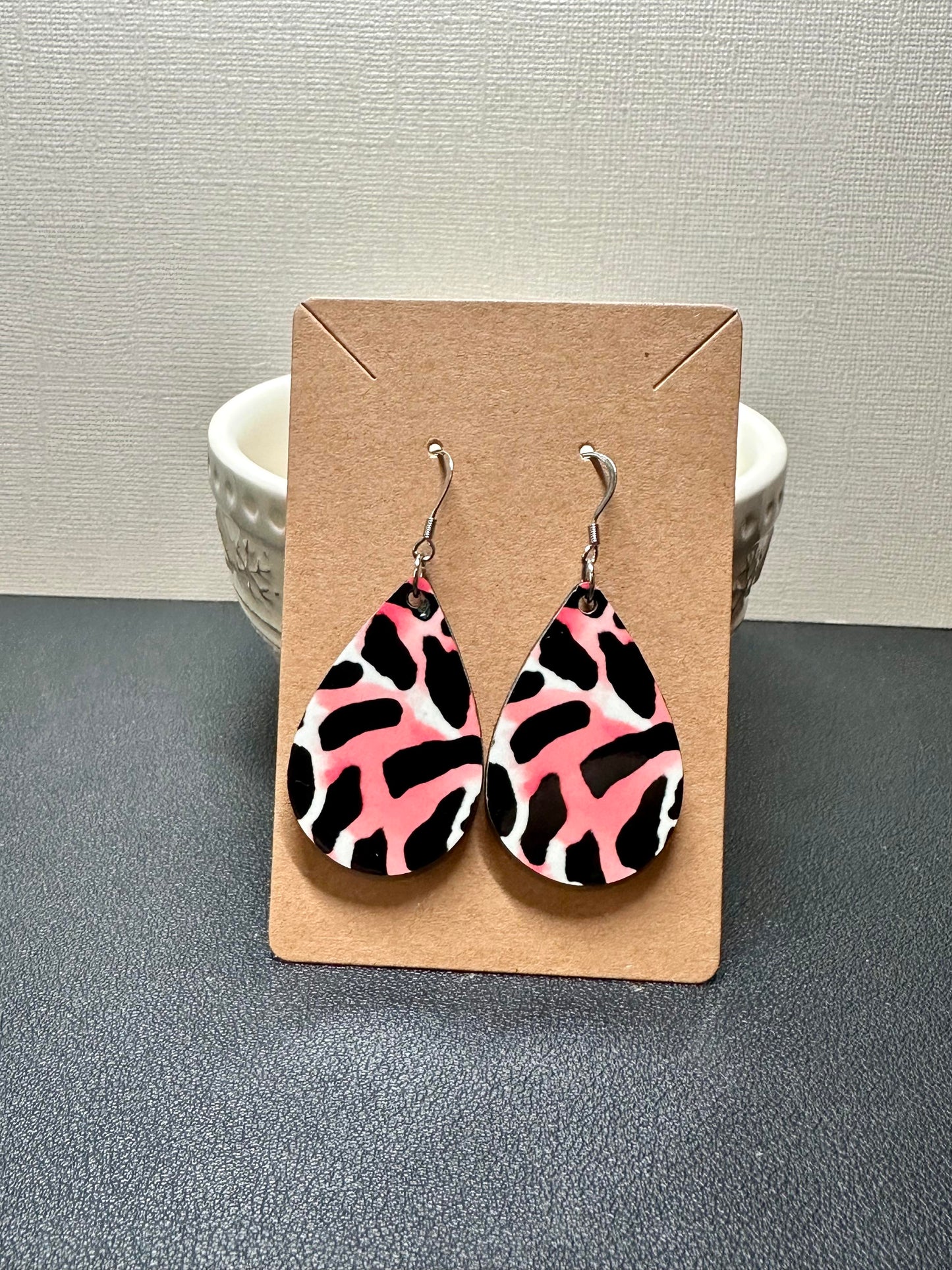 Black & Pink Cow Print Teardrop Earrings