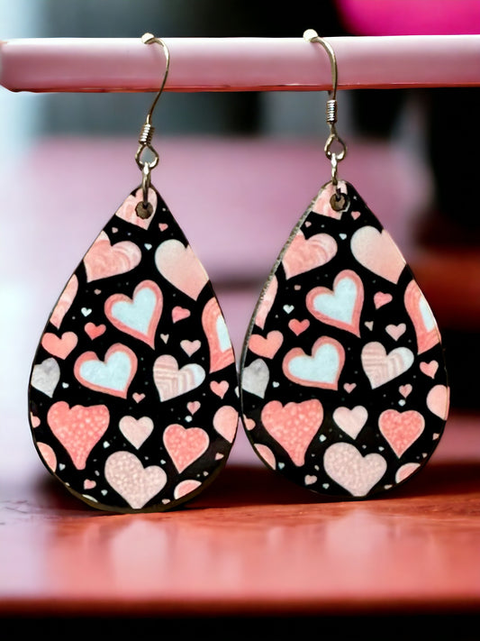 Pink/Black/White Heart Teardrop Earrings