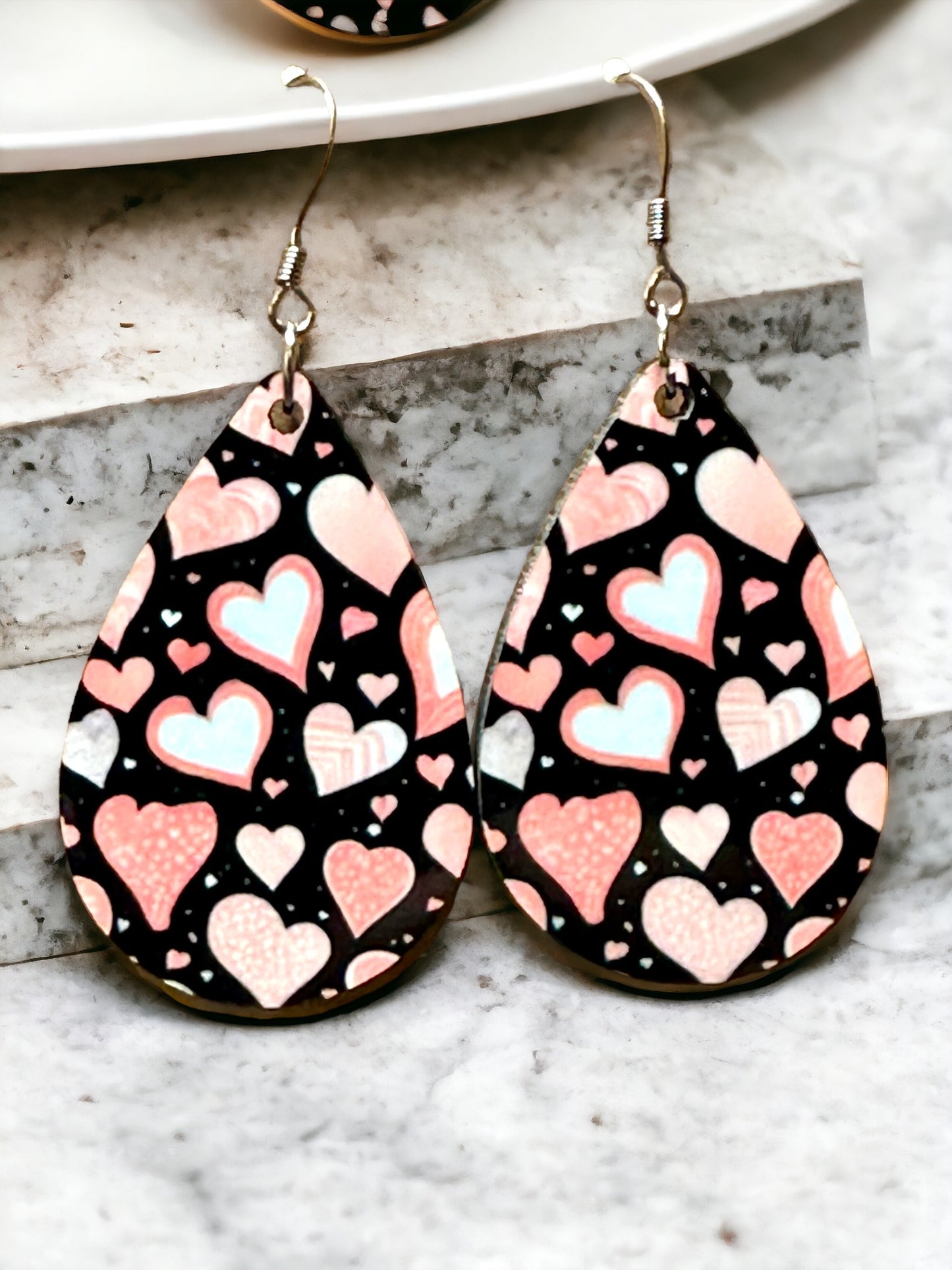 Pink/Black/White Heart Teardrop Earrings