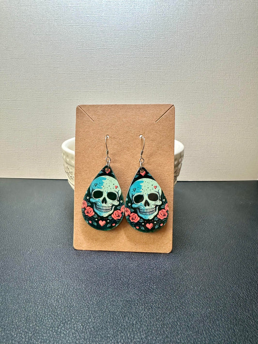 White Skull & Pink Rose Teardrop Earrings