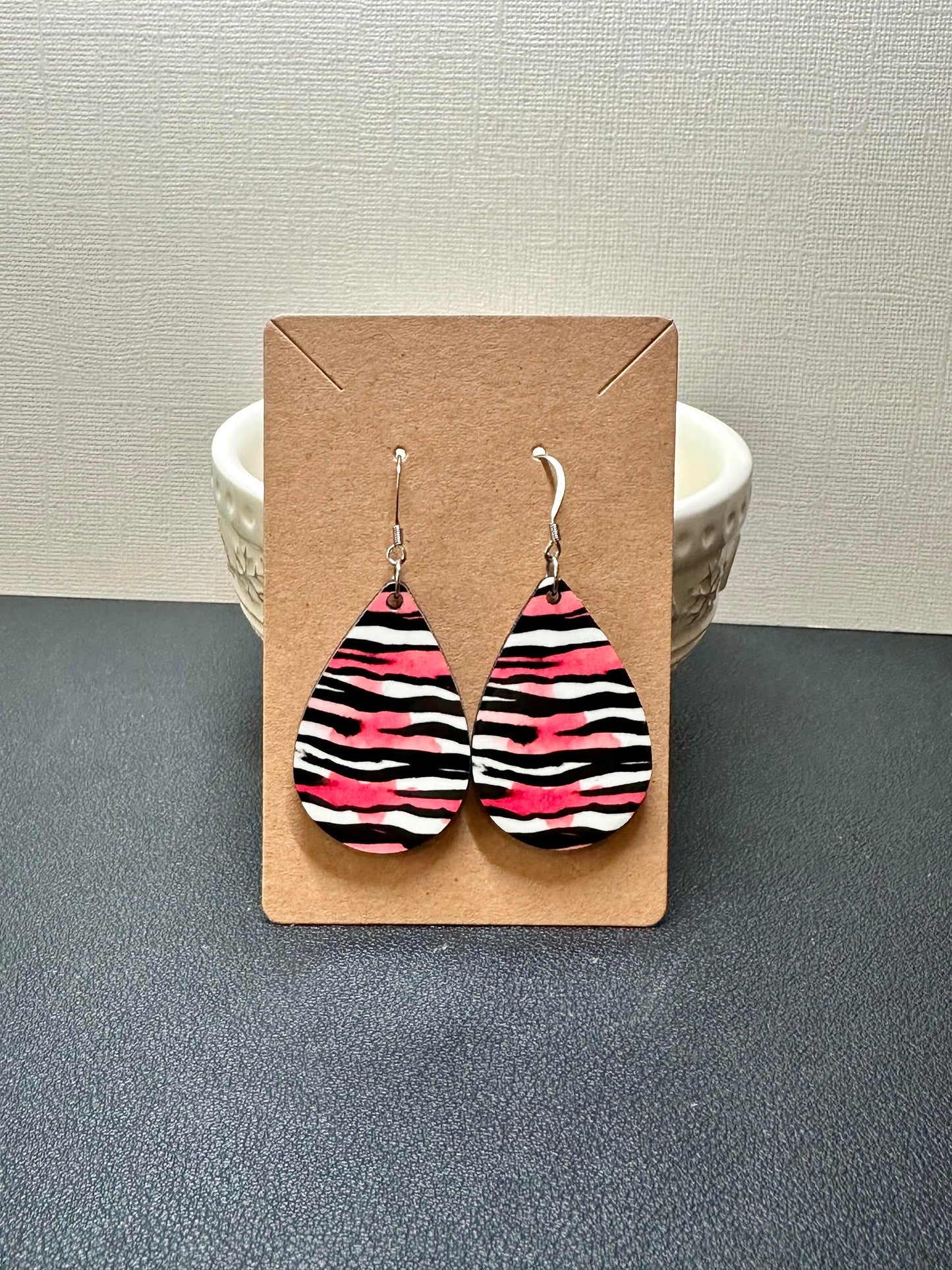 Pink/Black/White Zebra Teardrop Earrings