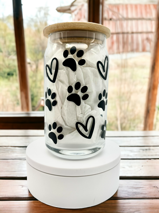 16oz Dog Paw and Heart Glass Cup