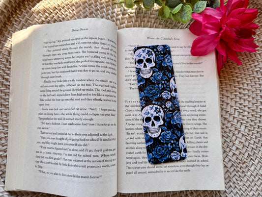 White Skull & Blue Flower Bookmark