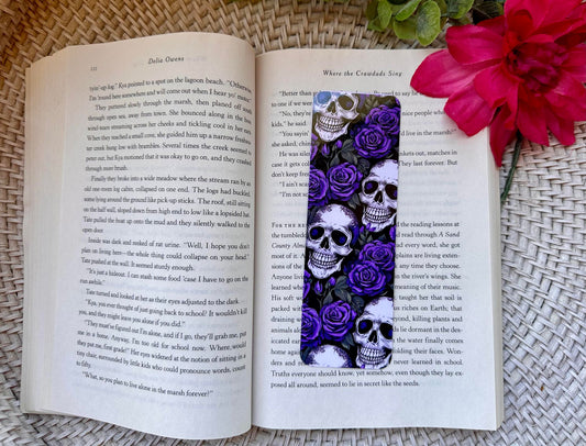 Purple Flowers & White Skull Bookmark