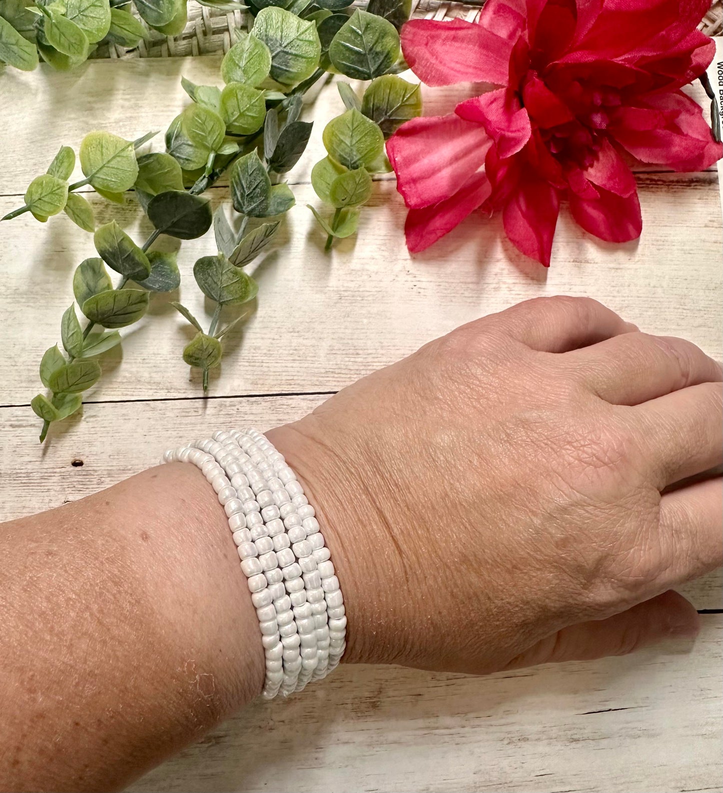 White Luster Seed Bead Stretch Bracelet