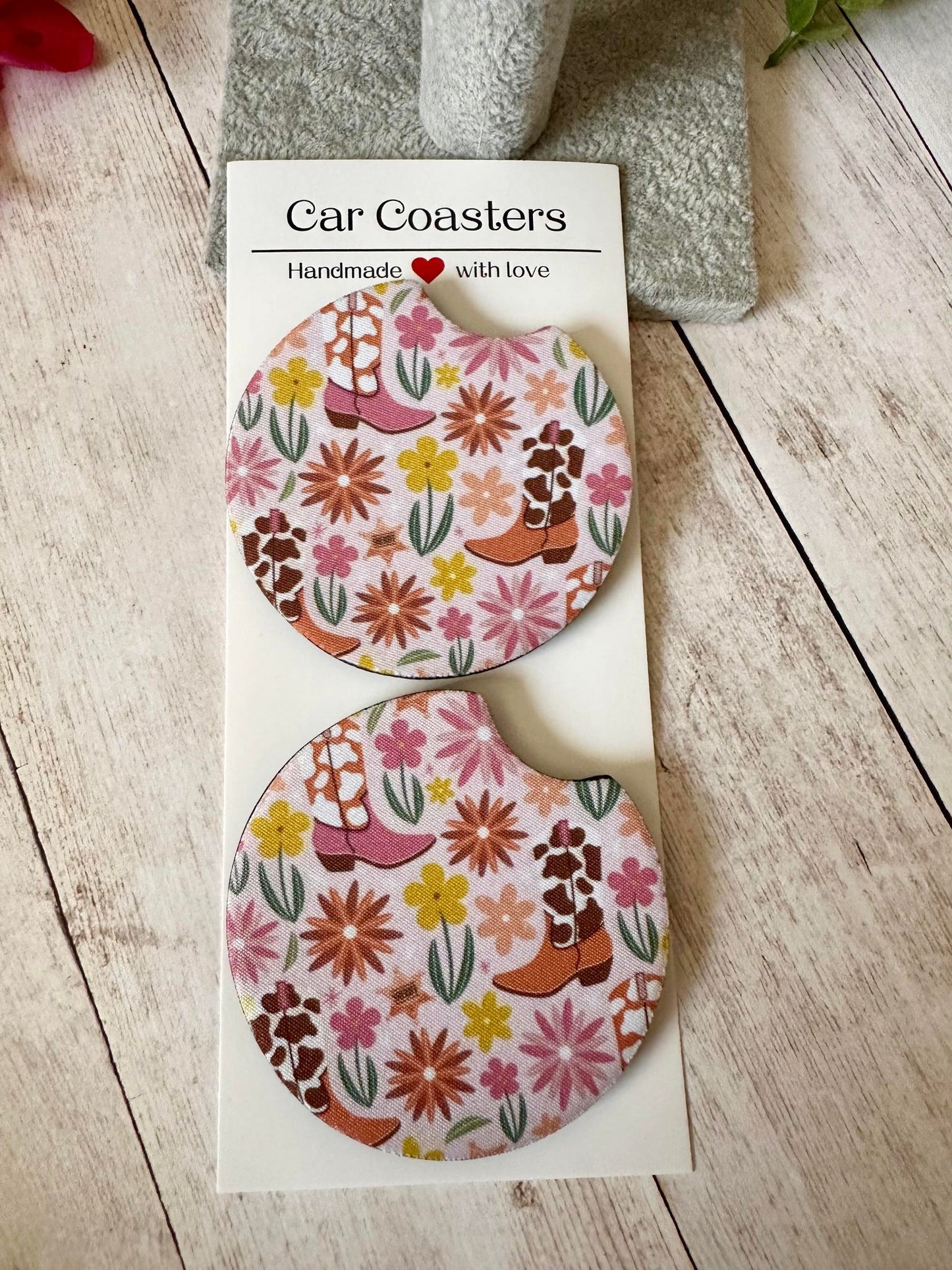 Pink Boots & Flowers Car Coaster