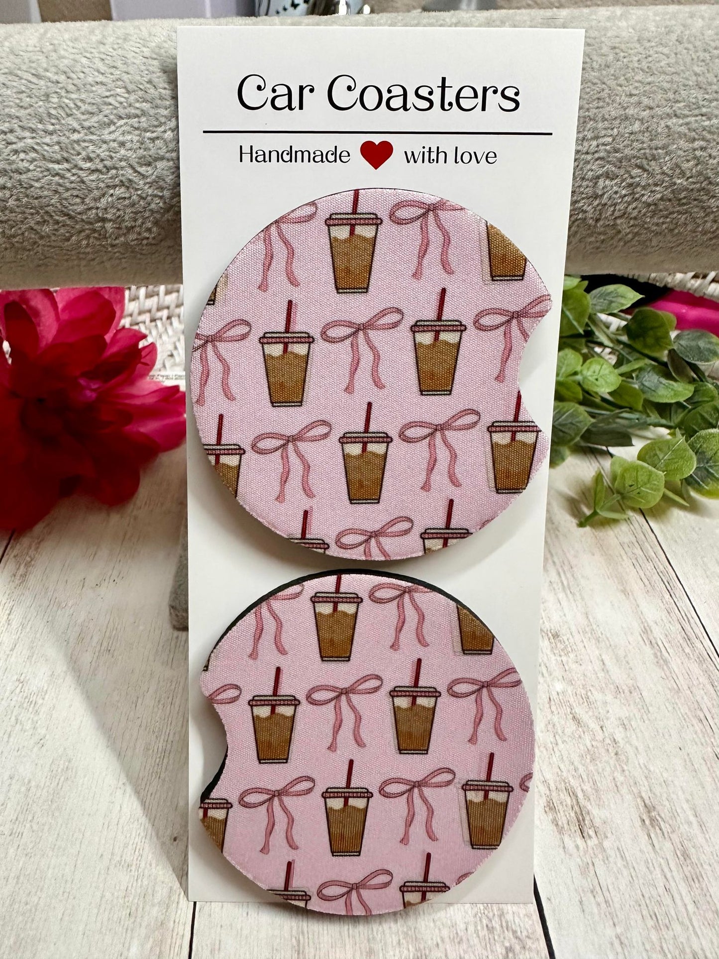 Pink Iced Coffee & Bows Car Coaster