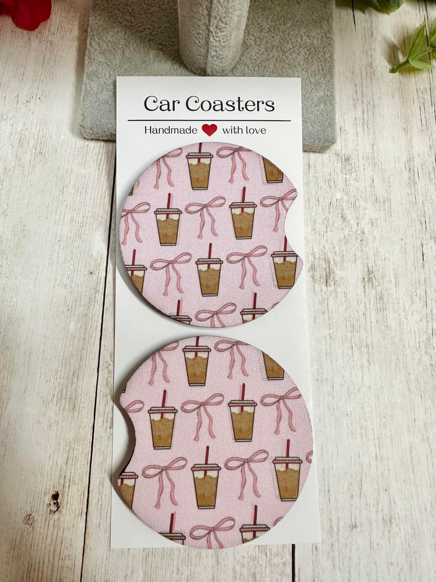 Pink Iced Coffee & Bows Car Coaster