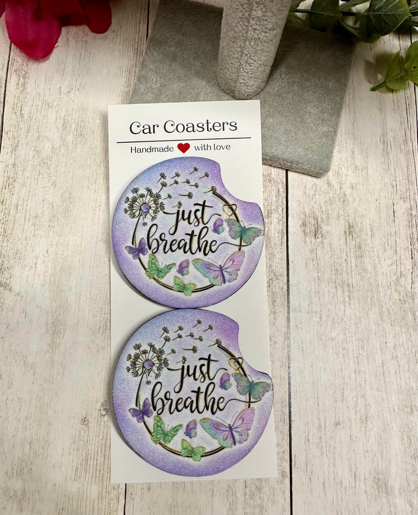 Purple Just Breathe Car Coaster