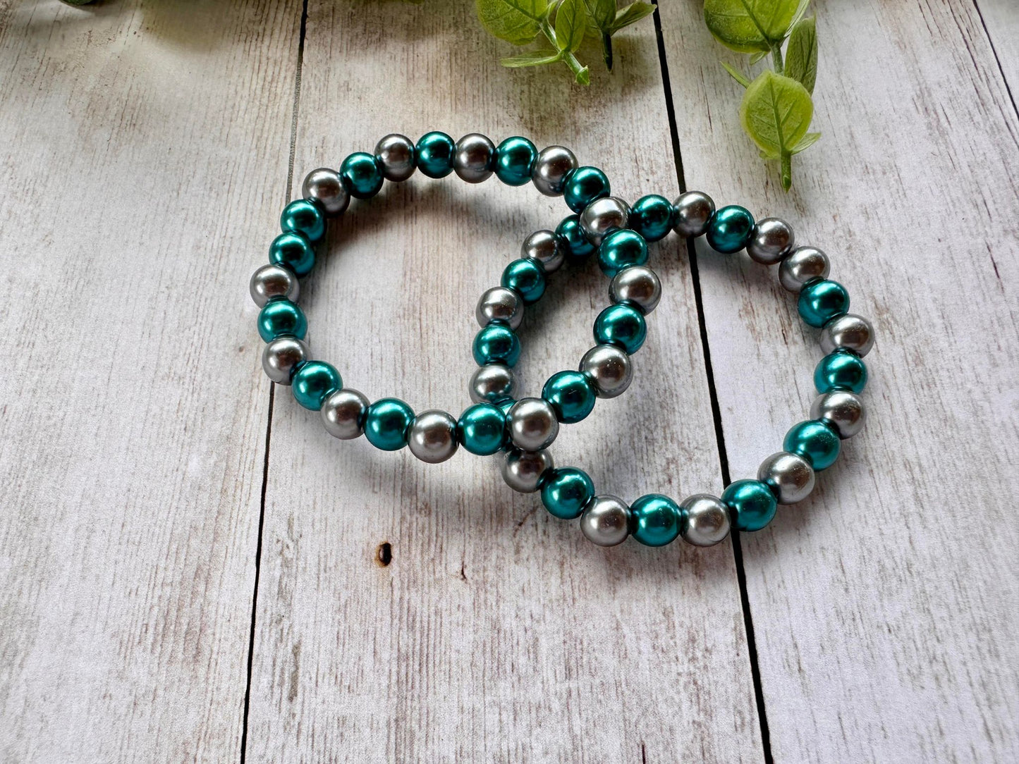 Teal/Silver Pearl Beaded Stretch Bracelet